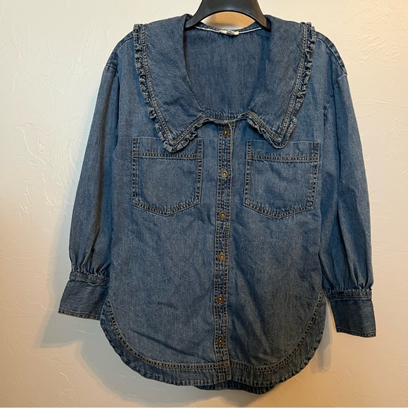 ANTHROPOLOGIE Pilcro Frill-Collar Denim Button Down Shirt Indigo Sz XS Oversized - Picture 4 of 12